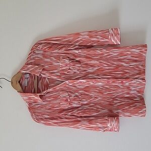 Chico's Orange Mesh Ikat Palazzo Tinslee 3/4 Sleeve Button Down Shirt Size Small